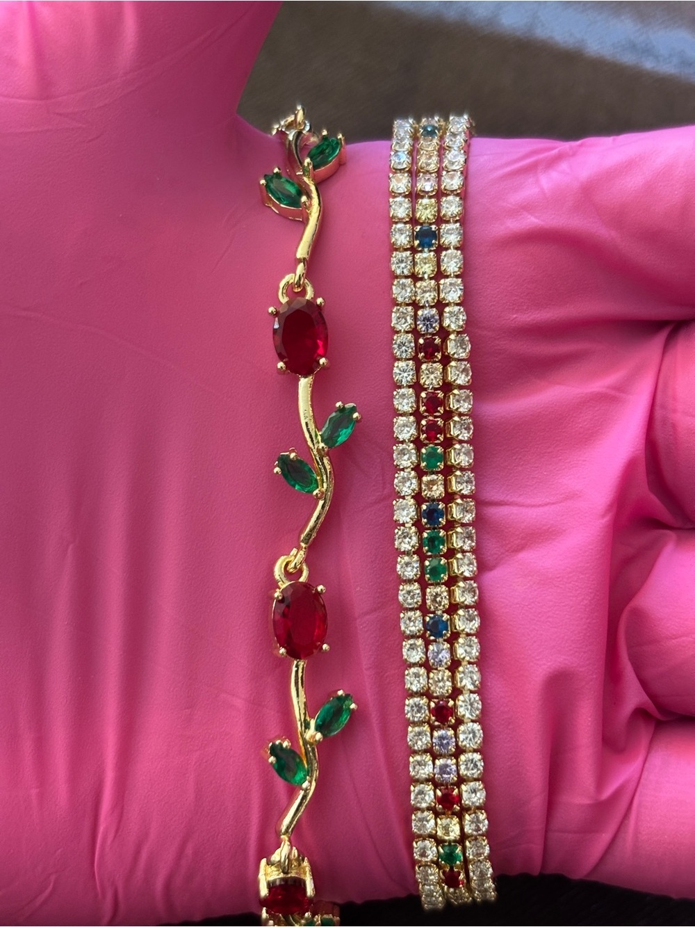Pretty Bird Yellow Gold Rose & Triple Tennis CZ Bracelets - Picture 4 of 12